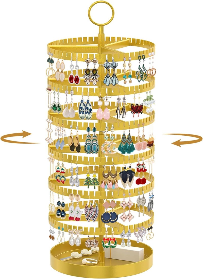 MODOWEY 6 Tier Rotating Earring Holder Organizer Display Tree with Metal Tray, Adjustable Plastic Stand with 342 Slots for Stud Hoop Hanger, Large Capacity Storage Rack for Women Space-Saving, Gold - Image 1